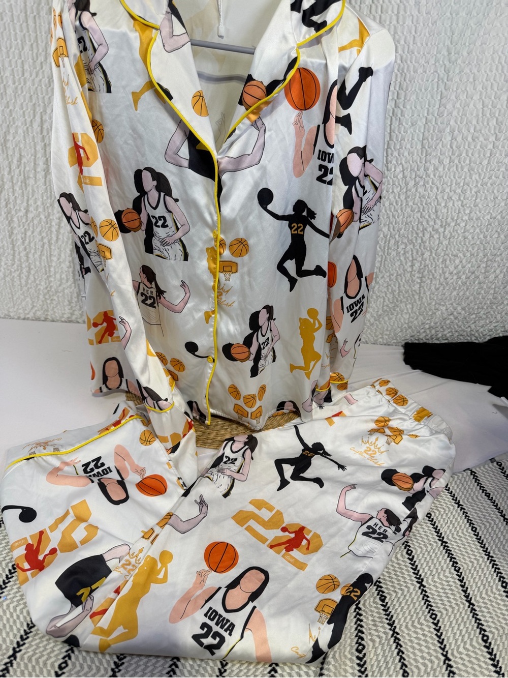 Satin Basketball-Print Pajama Set with Yellow Trim